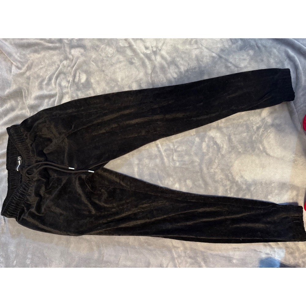 PrettyLittleThing Black Velour Rhinestone Logo Joggers US 6 Sweatpants Y2K
